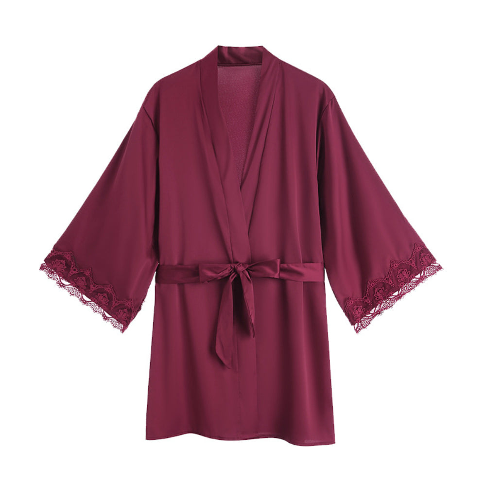 Satin Lace Sexy Deep V Camisole Nightwear Lace-up Lingerie Solid Color Robe Home Wear Set