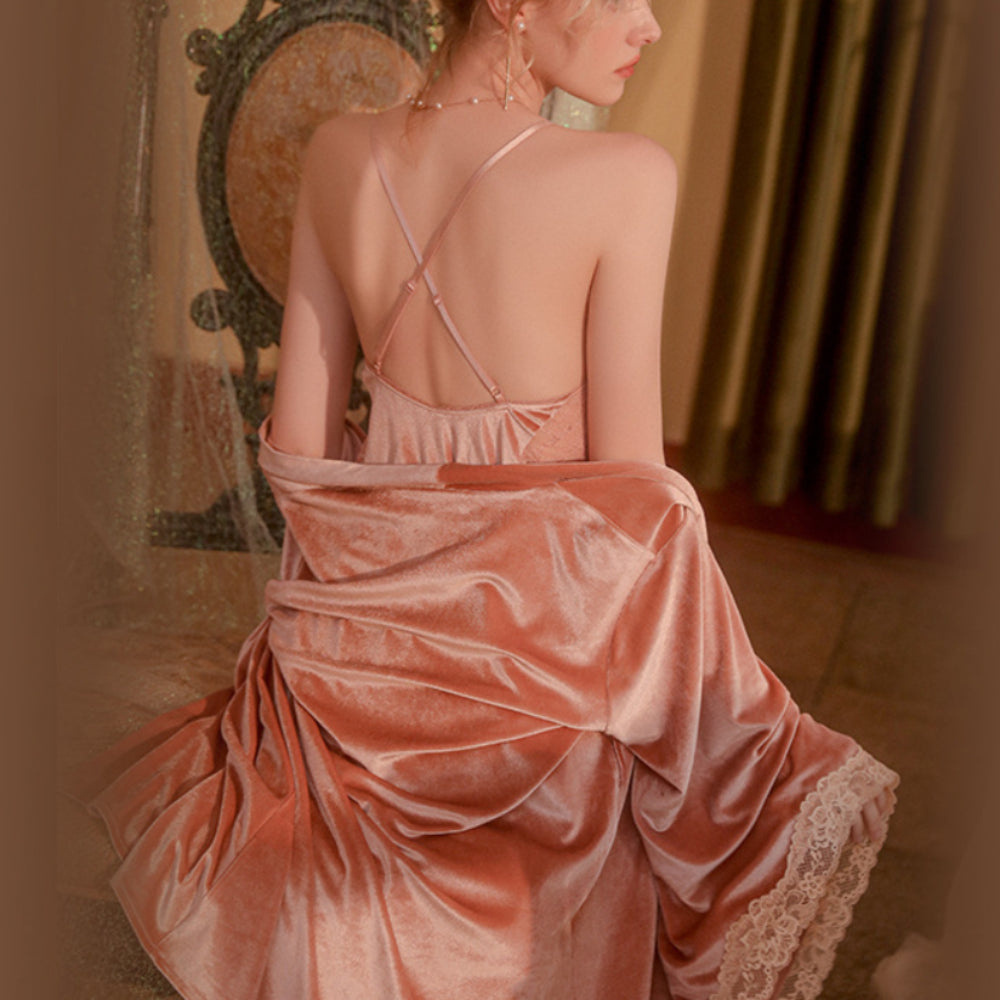 Velvet Lingerie with Decolletage Halter Nightdress Lace-up Homey Suit
