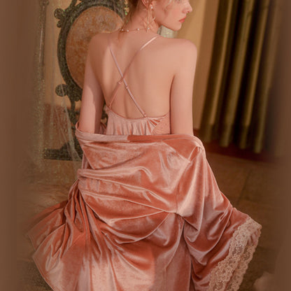 Velvet Lingerie with Decolletage Halter Nightdress Lace-up Homey Suit