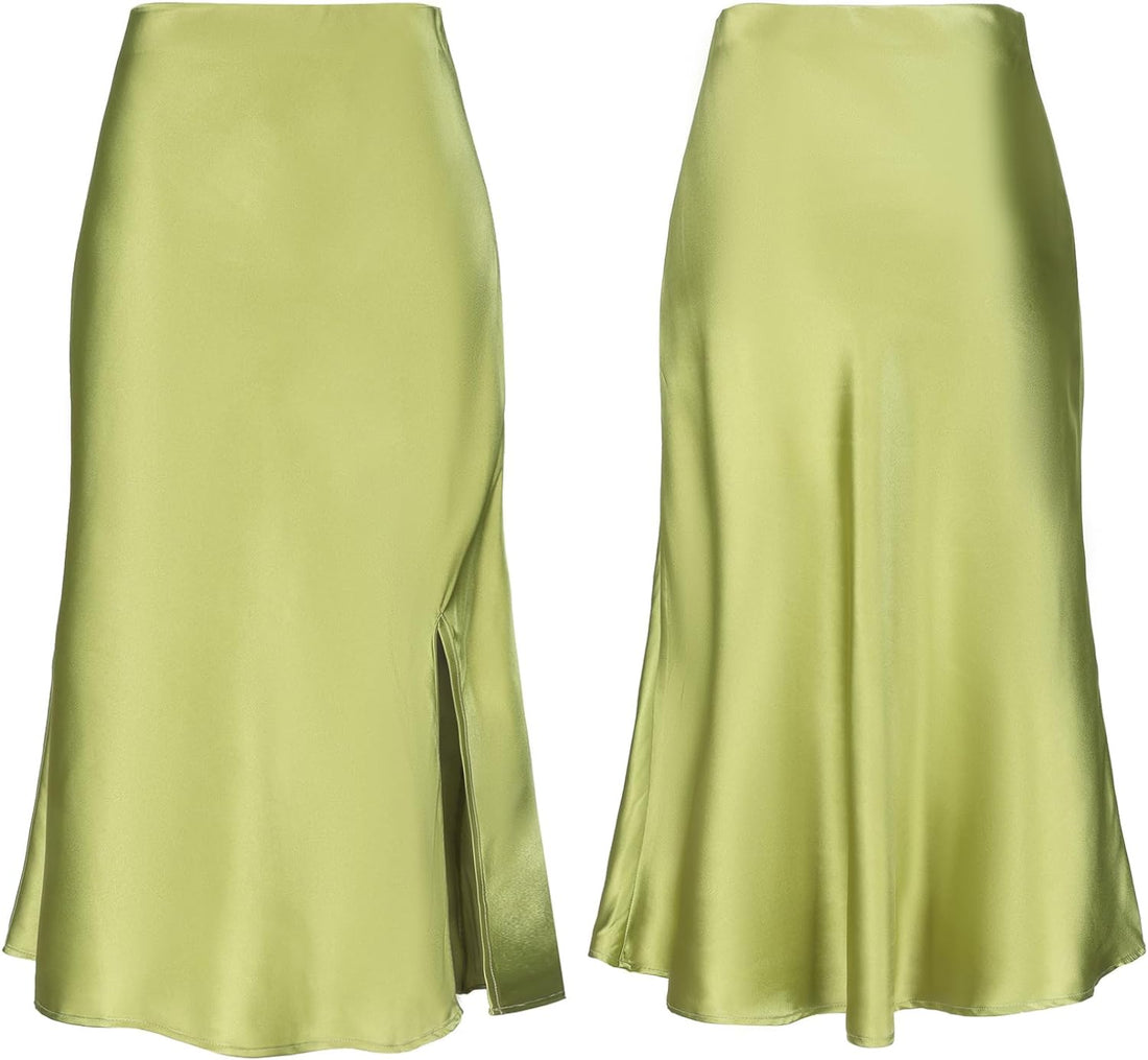 Women Satin Side Split Skirt High Waist Elastic Elegant A Line Midi Skirts for Women