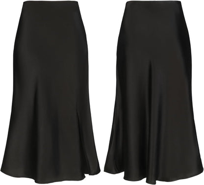 Women Satin Side Split Skirt High Waist Elastic Elegant A Line Midi Skirts for Women