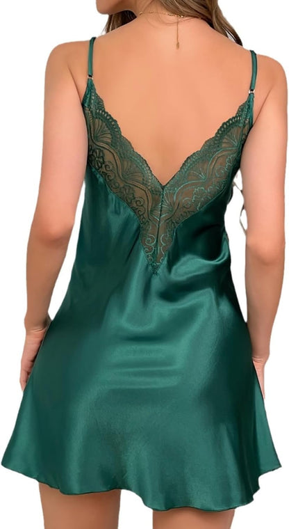 ALCEA ROSEA Women Nightgown Sexy Lingerie V Neck Lace Backless Chemise Satin Slip Silk Negligee 3912
