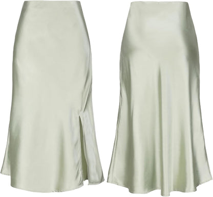 Women Satin Side Split Skirt High Waist Elastic Elegant A Line Midi Skirts for Women
