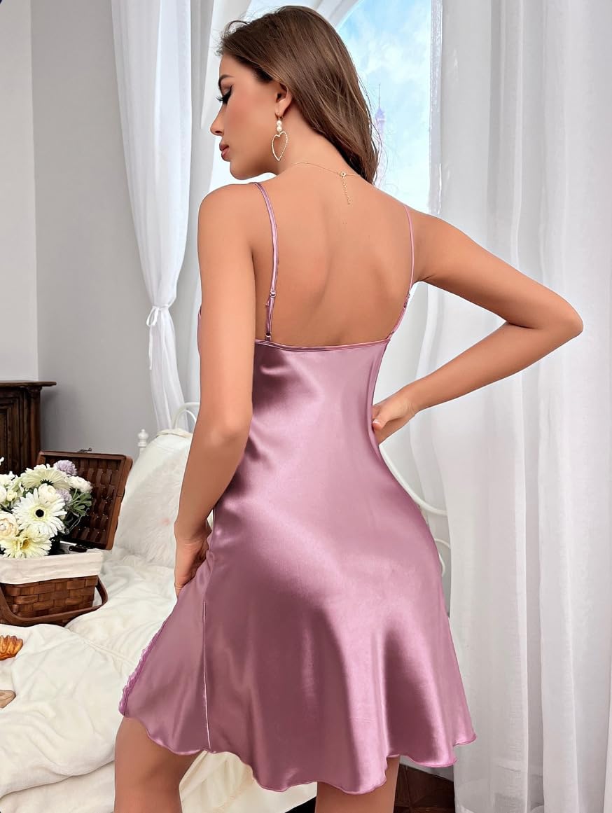 Women Lingerie Silky Spaghetti Strap Chemise Nightgown Lace Cowl Neck Side Slit Midi Dress Sleepwear Negligee 3907