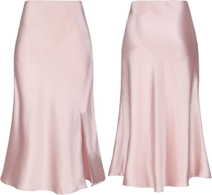 Women Satin Side Split Skirt High Waist Elastic Elegant A Line Midi Skirts for Women
