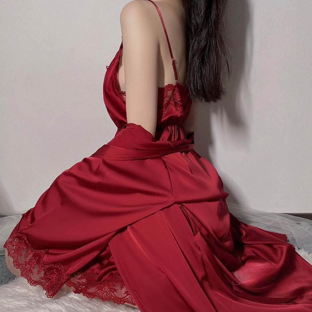 Satin Lace Sexy Deep V Camisole Nightwear Lace-up Lingerie Solid Color Robe Home Wear Set