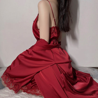 Satin Lace Sexy Deep V Camisole Nightwear Lace-up Lingerie Solid Color Robe Home Wear Set