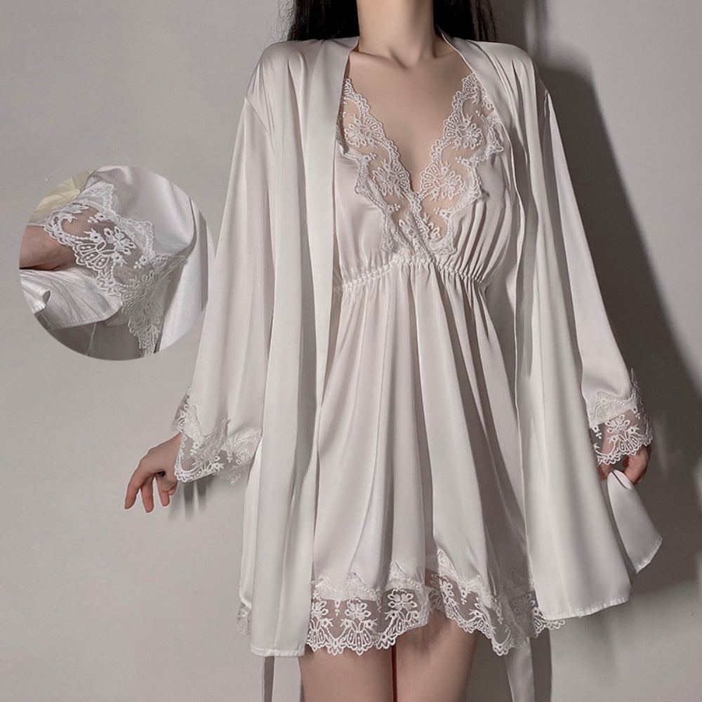 Satin Lace Sexy Deep V Camisole Nightwear Lace-up Lingerie Solid Color Robe Home Wear Set White