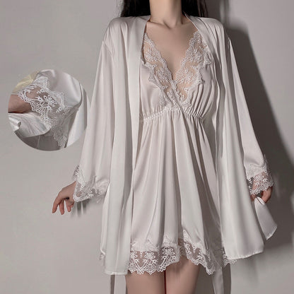 Satin Lace Sexy Deep V Camisole Nightwear Lace-up Lingerie Solid Color Robe Home Wear Set White