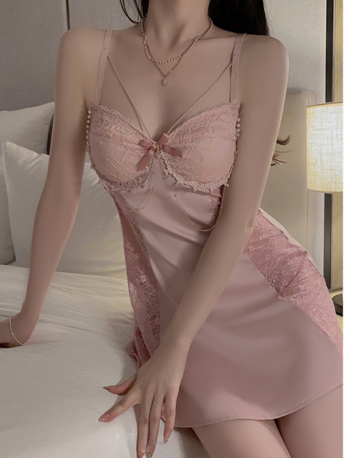 Women Ladies Silk Sexy Lace Lingerie Sleepwear Nightdress Satin  V-Neck Robes Babydoll Nightwear