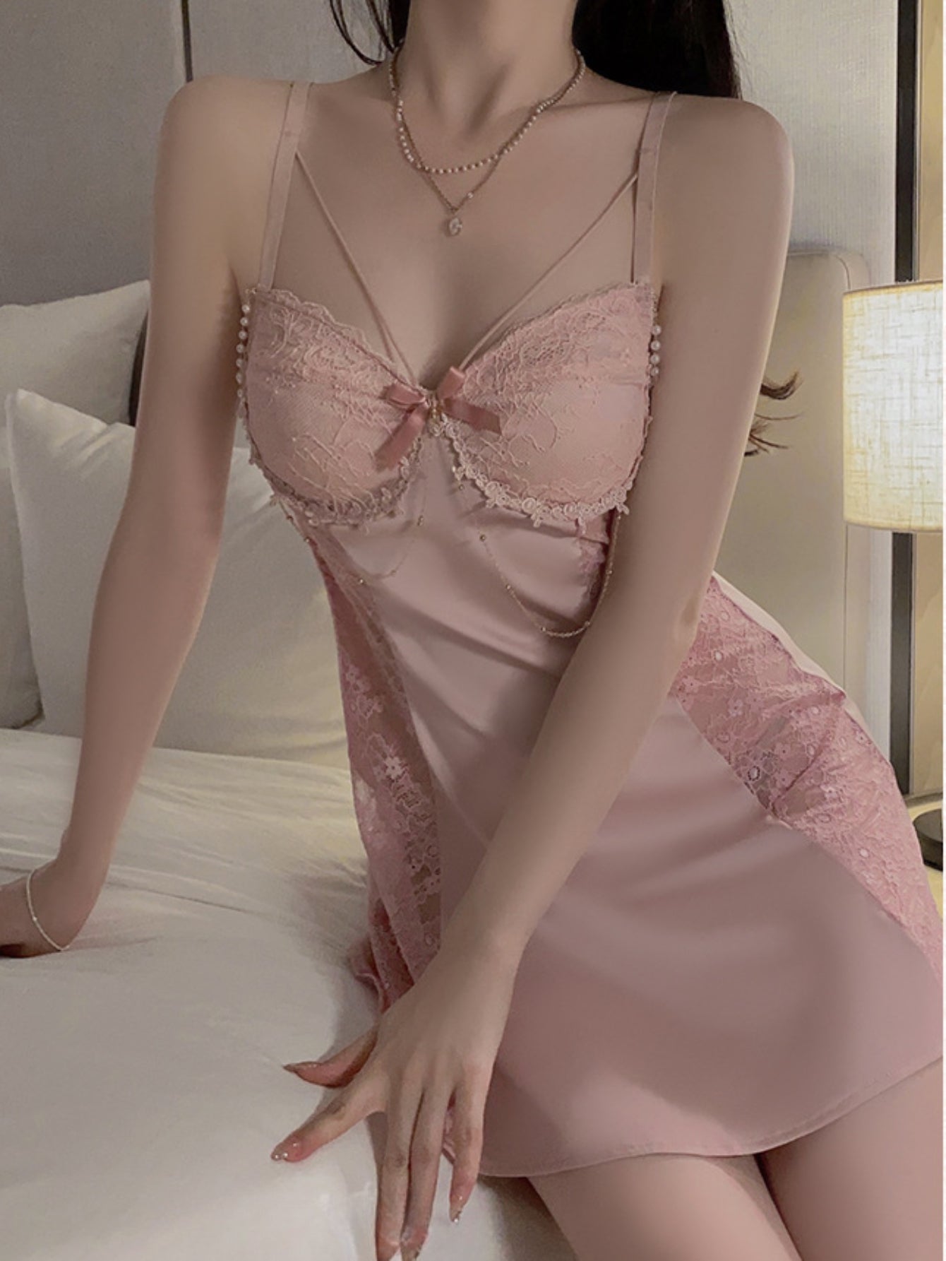 Women Ladies Silk Sexy Lace Lingerie Sleepwear Nightdress Satin  V-Neck Robes Babydoll Nightwear