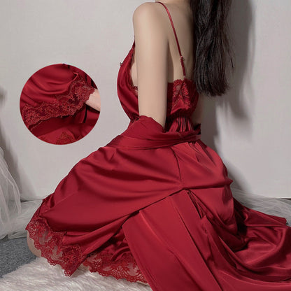 Satin Lace Sexy Deep V Camisole Nightwear Lace-up Lingerie Solid Color Robe Home Wear Set