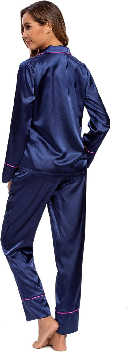 Mist Azur Pyjamas Womens Silk Satin Button Down Sleepwear Loungewear Sets