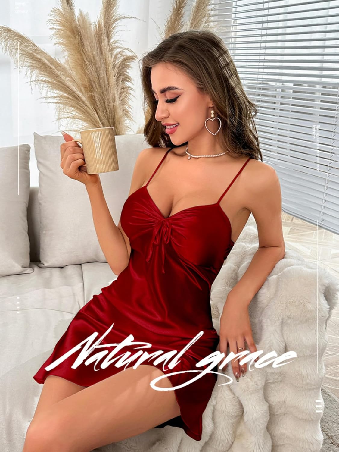 ALCEA ROSEA Women Silky Lingerie Satin Chemise Nightgown Full Slip Dress Babydoll Sleepwear 3932