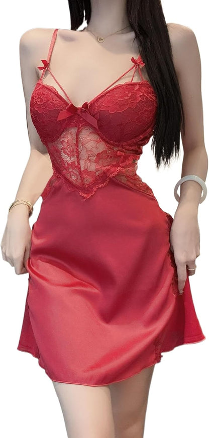 ALCEA ROSEA Nightgown for Women Satin Silky Mini Lingerie Sexy Mesh Sheer Lace Floral Chemise Sleepwear 3916