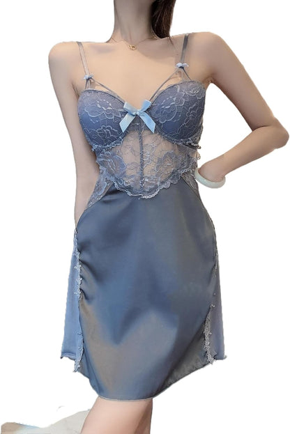 ALCEA ROSEA Nightgown for Women Satin Silky Mini Lingerie Sexy Mesh Sheer Lace Floral Chemise Sleepwear 3916