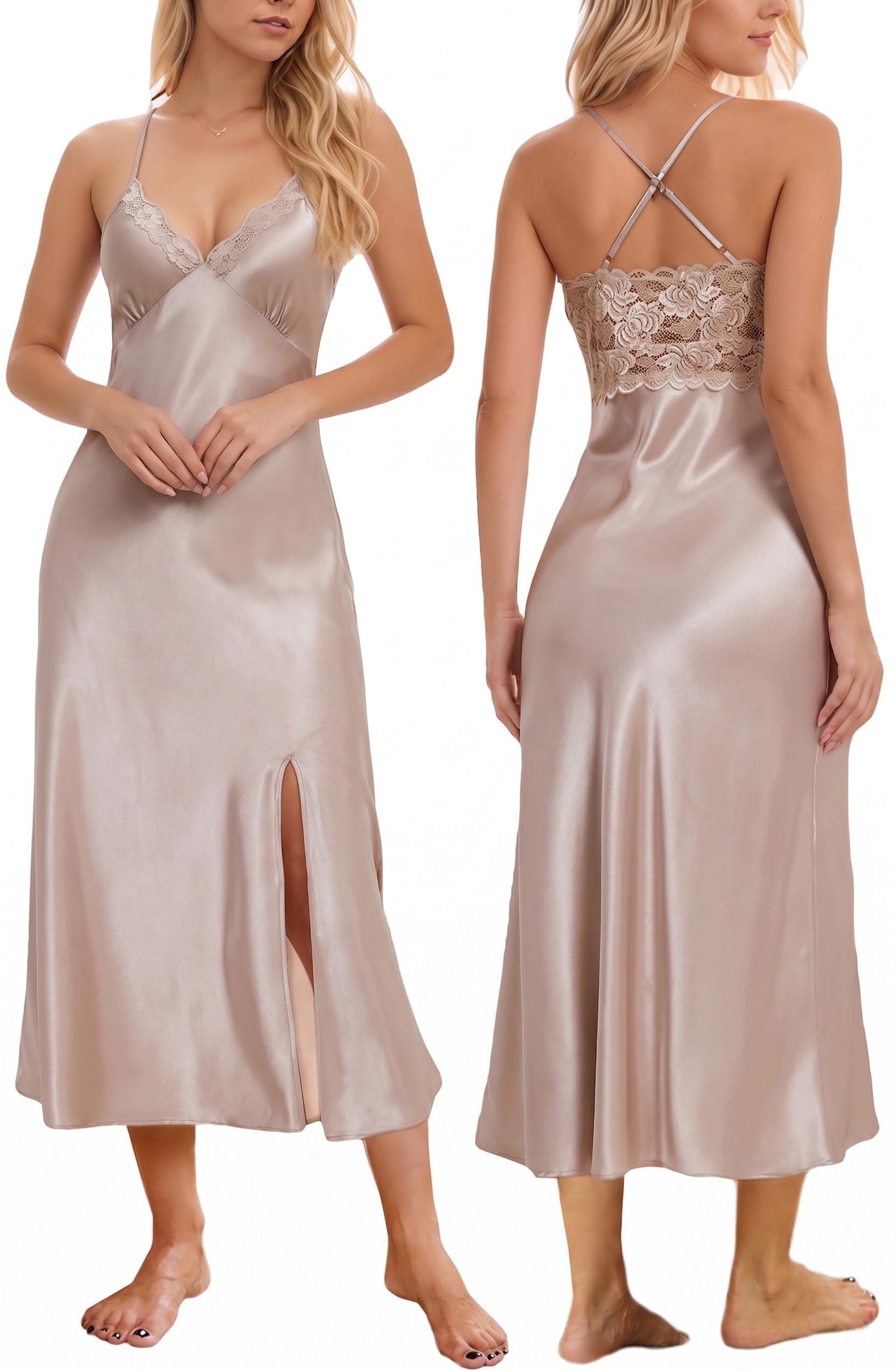 Mist Azur Nightgowns Women Silk Satin Lace Chemise Lingerie Long Sleepdress