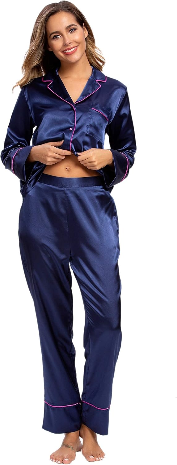 Mist Azur Pyjamas Womens Silk Satin Button Down Sleepwear Loungewear Sets