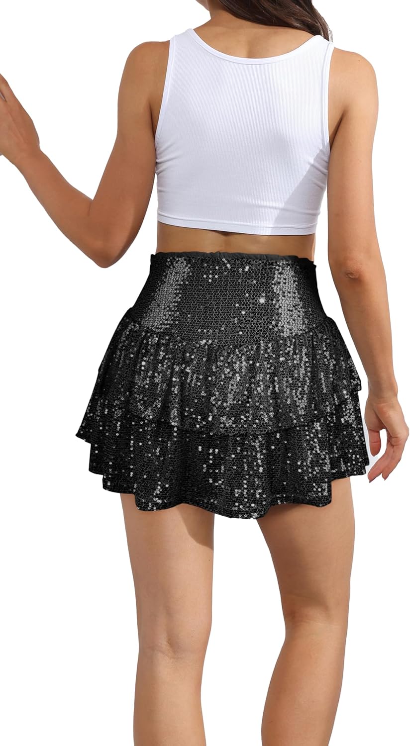 Women Sequin Skirt Sparkly Ruffle High Waist Shiny Glitter Flowy Skirt Layered Pleated Short Skirts for Party Club