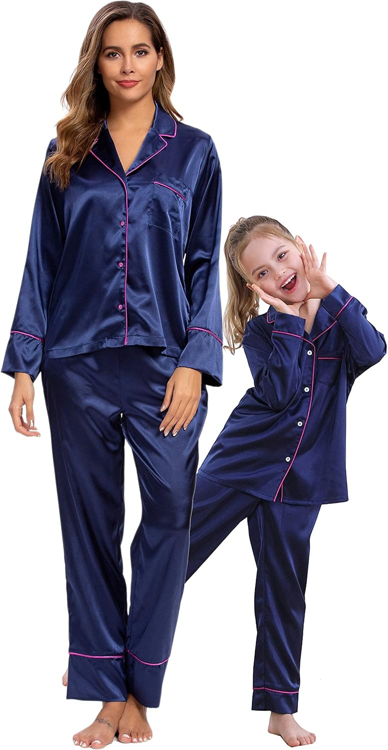 Mist Azur Pyjamas Womens Silk Satin Button Down Sleepwear Loungewear Sets