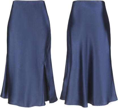 Women Satin Side Split Skirt High Waist Elastic Elegant A Line Midi Skirts for Women