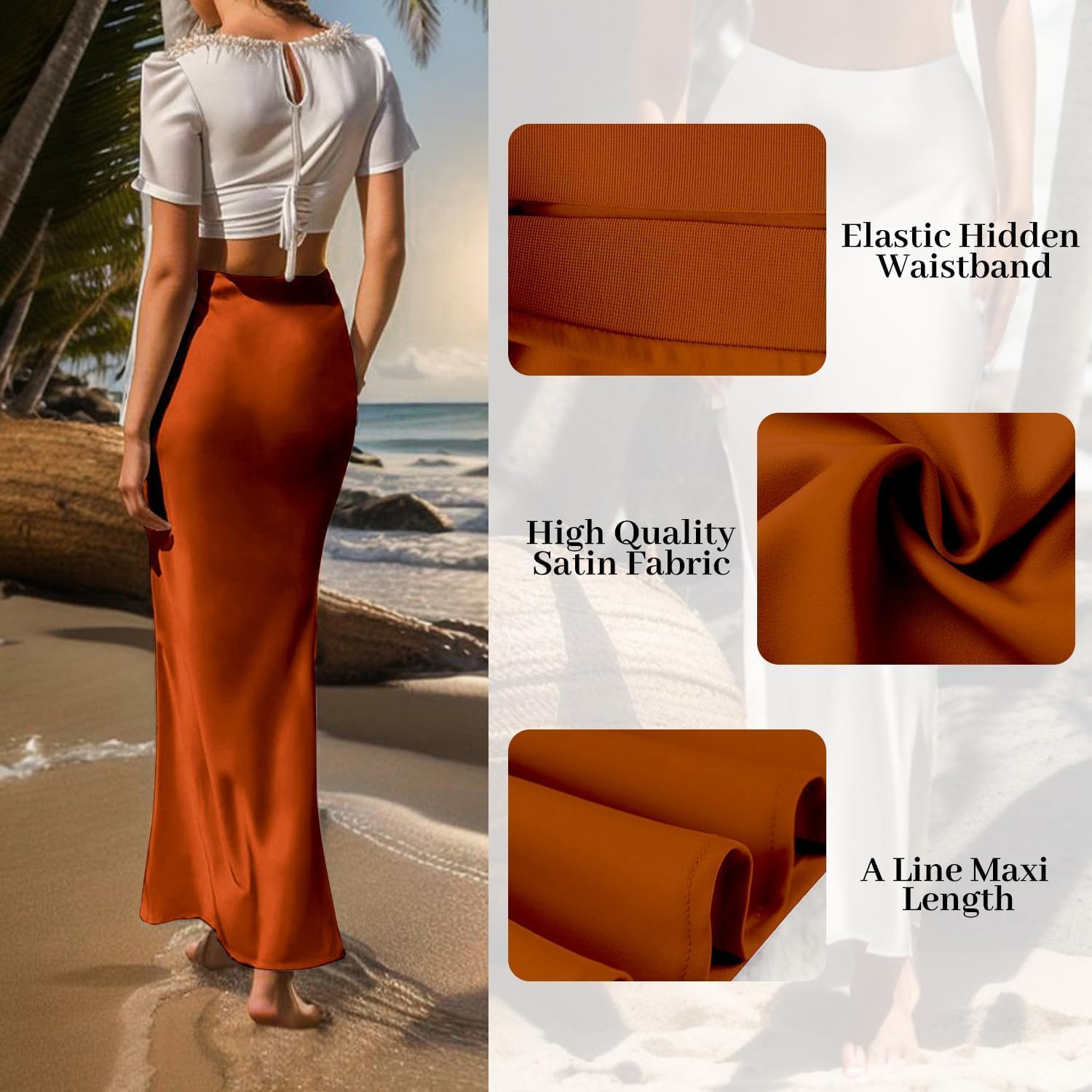 ALCEA ROSEA Silky Satin Long Skirt for Women Elastic High Waisted A Line Maxi Skirt