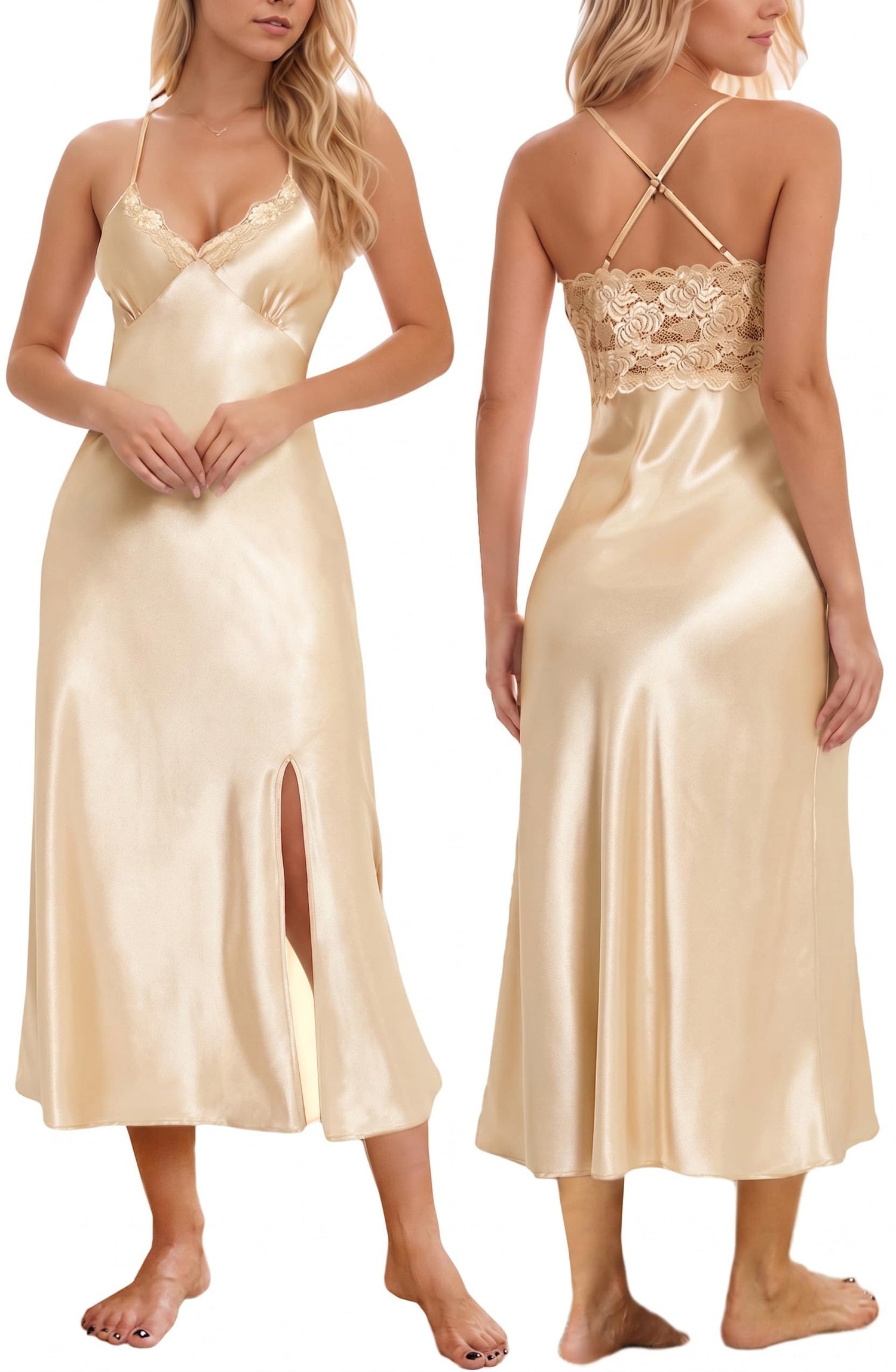 Mist Azur Nightgowns Women Silk Satin Lace Chemise Lingerie Long Sleepdress