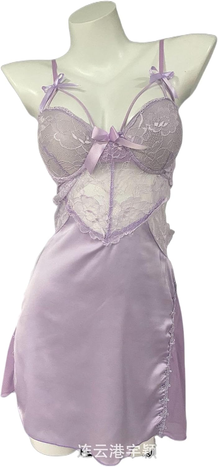 ALCEA ROSEA Nightgown for Women Satin Silky Mini Lingerie Sexy Mesh Sheer Lace Floral Chemise Sleepwear 3916