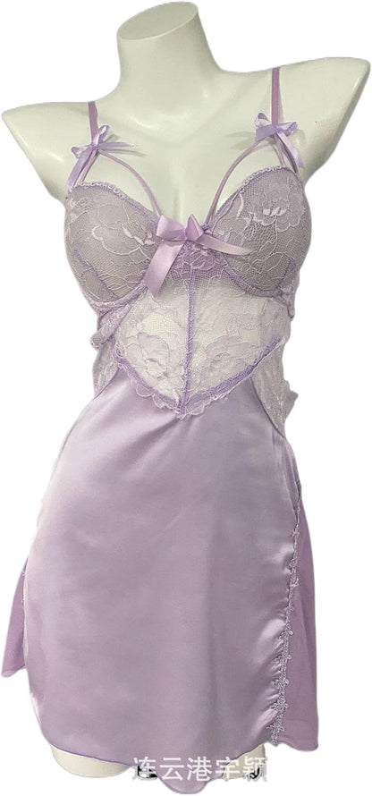 ALCEA ROSEA Nightgown for Women Satin Silky Mini Lingerie Sexy Mesh Sheer Lace Floral Chemise Sleepwear 3916