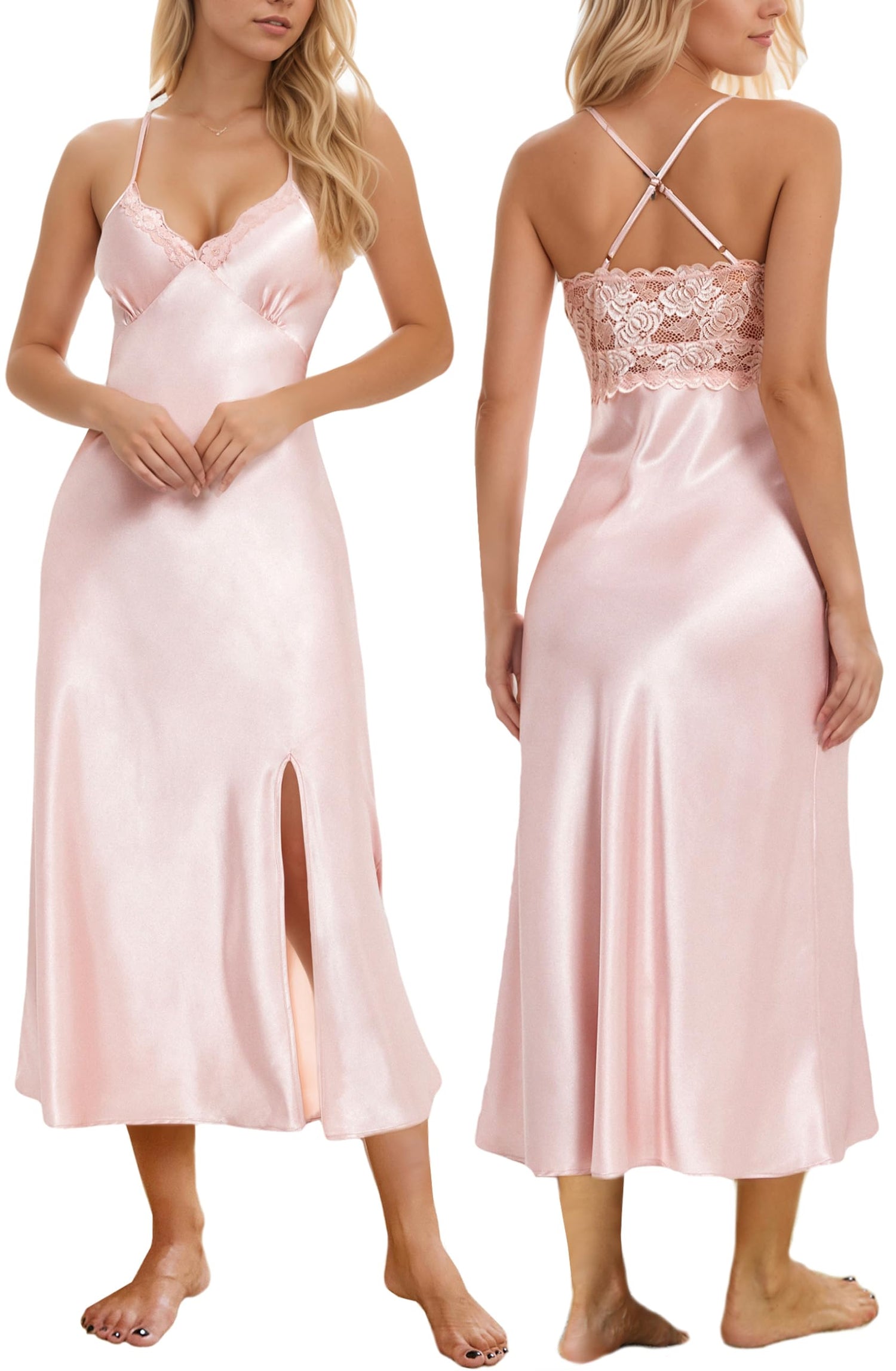 Mist Azur Nightgowns Women Silk Satin Lace Chemise Lingerie Long Sleepdress