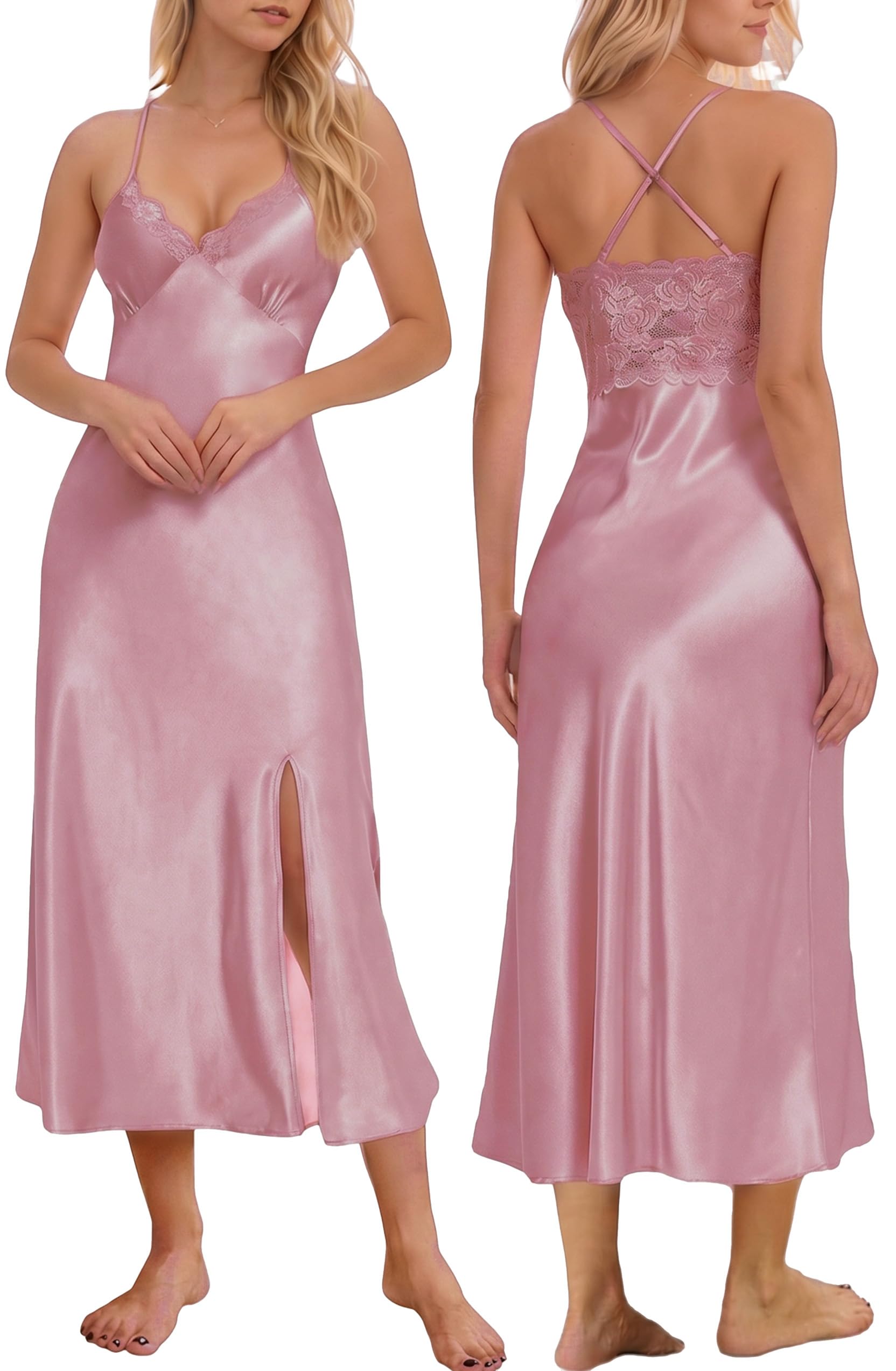 Mist Azur Nightgowns Women Silk Satin Lace Chemise Lingerie Long Sleepdress