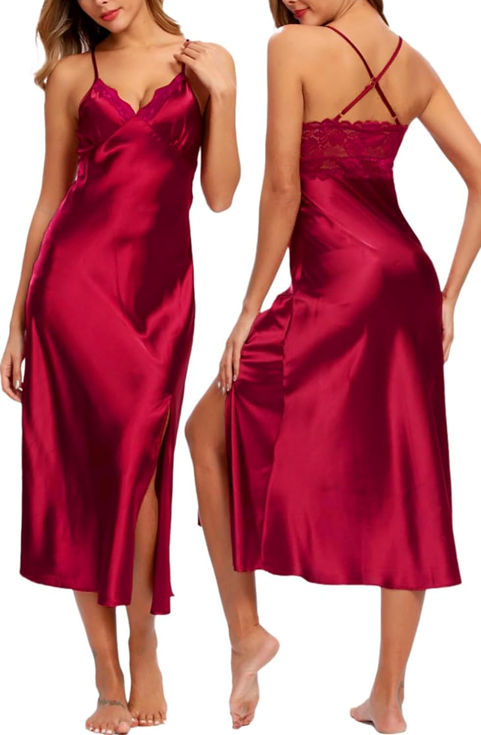 Mist Azur Nightgowns Women Silk Satin Lace Chemise Lingerie Long Sleepdress
