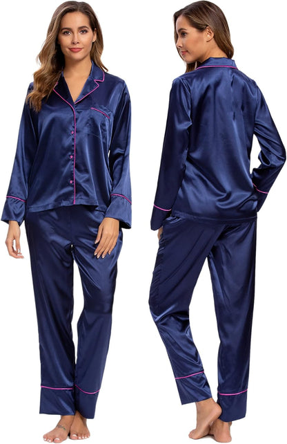 Mist Azur Pyjamas Womens Silk Satin Button Down Sleepwear Loungewear Sets
