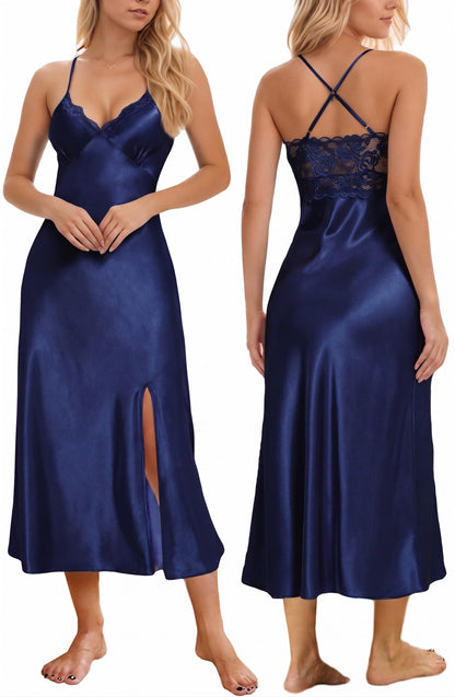 Mist Azur Nightgowns Women Silk Satin Lace Chemise Lingerie Long Sleepdress