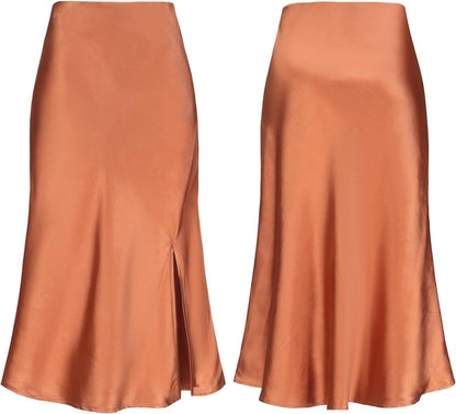 Women Satin Side Split Skirt High Waist Elastic Elegant A Line Midi Skirts for Women