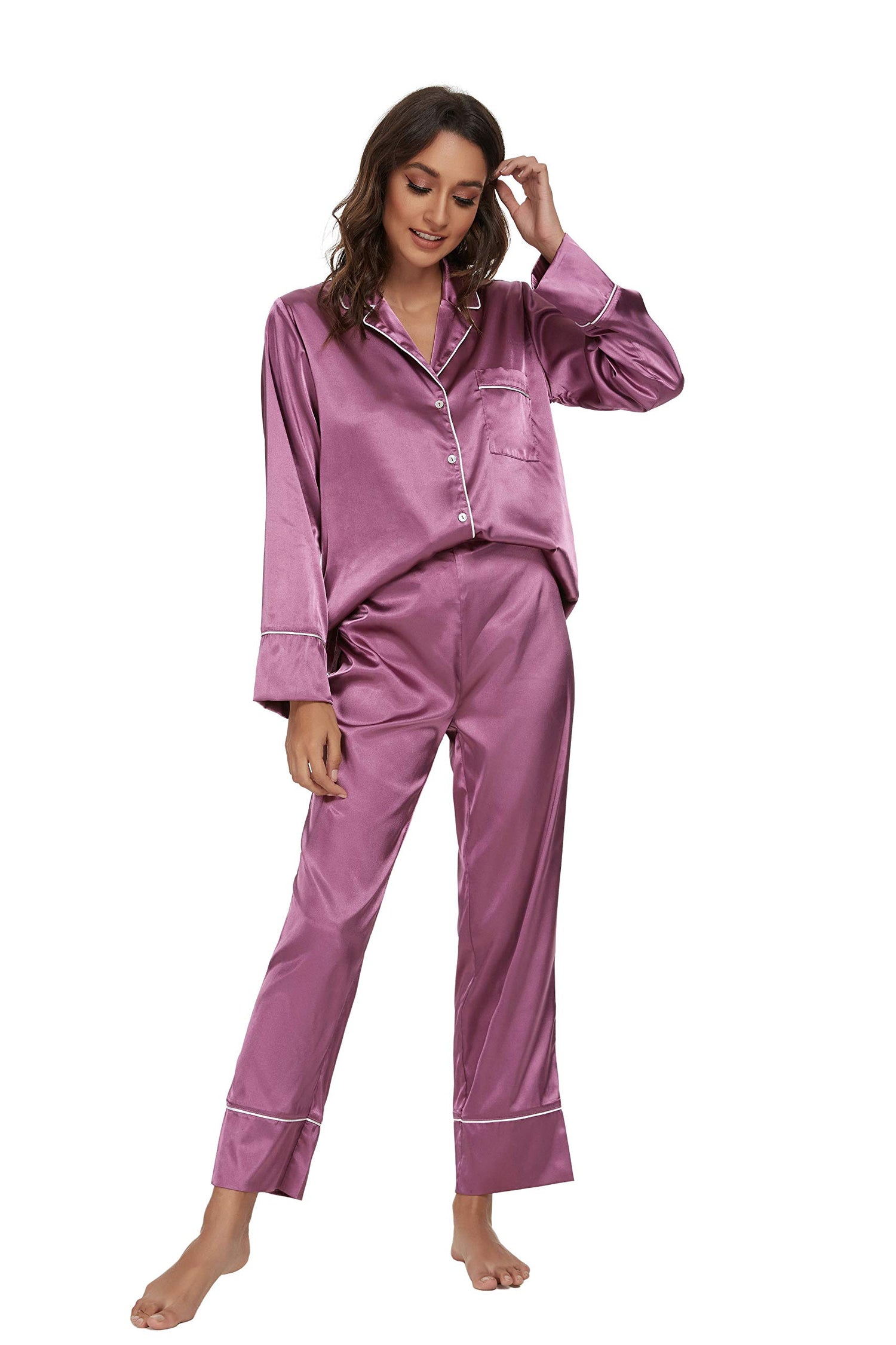Mist Azur Pyjamas Womens Silk Satin Button Down Sleepwear Loungewear Sets
