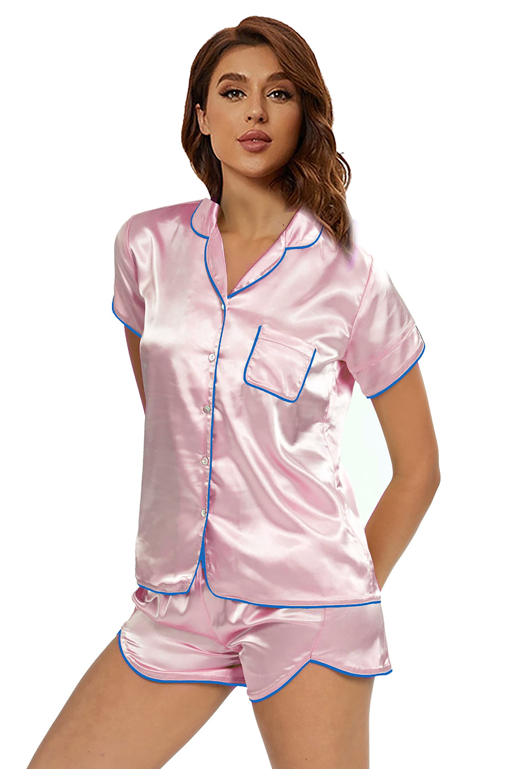 Mist Azur pajamas  Womens Short Silky Satin Pajamas Set Button-Down Summer Pjs Set