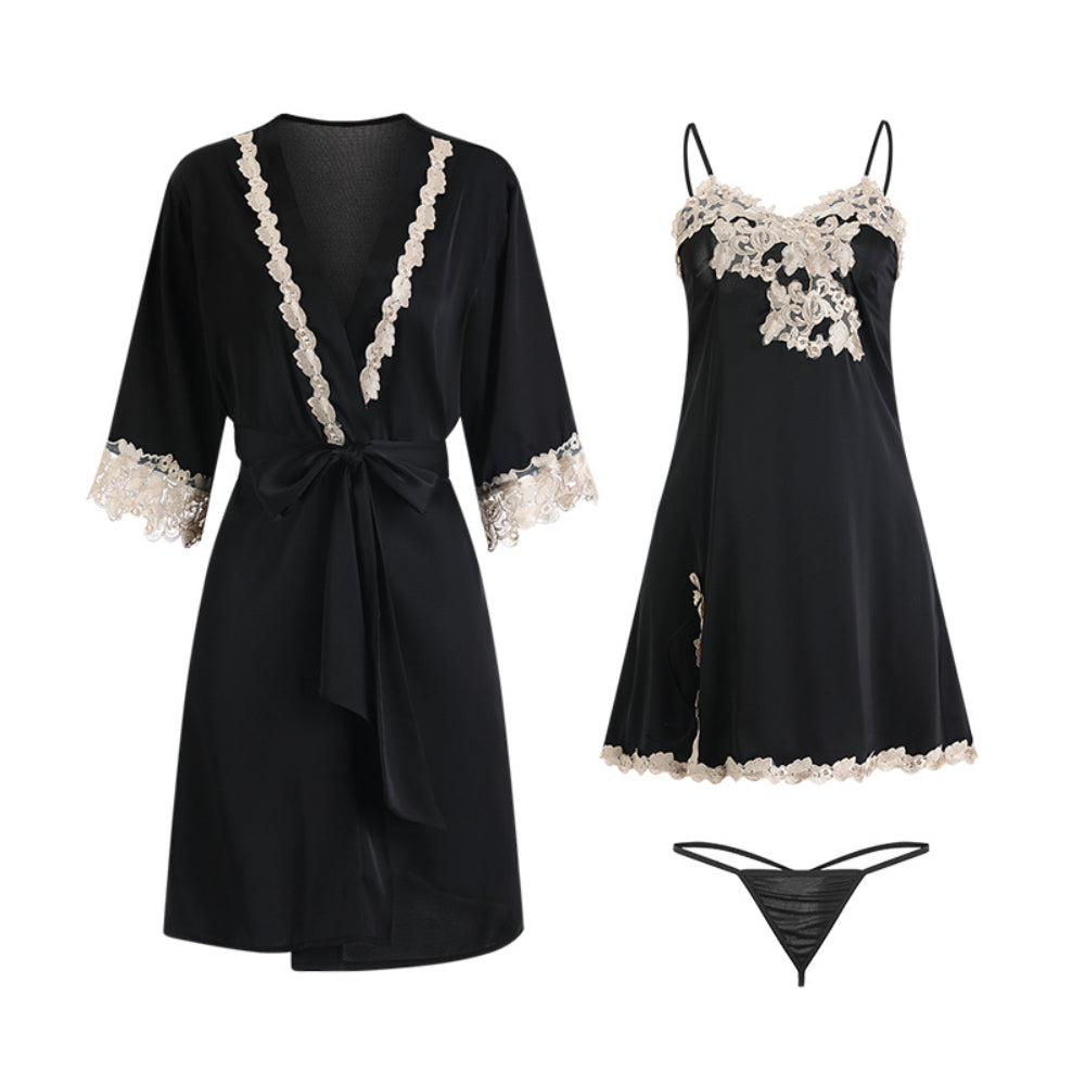 Embroidery Sexy Lingerie Deep V Slit Halter Nightdress Lace-up Robe Homestay Suit