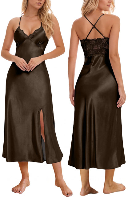 Mist Azur Nightgowns Women Silk Satin Lace Chemise Lingerie Long Sleepdress