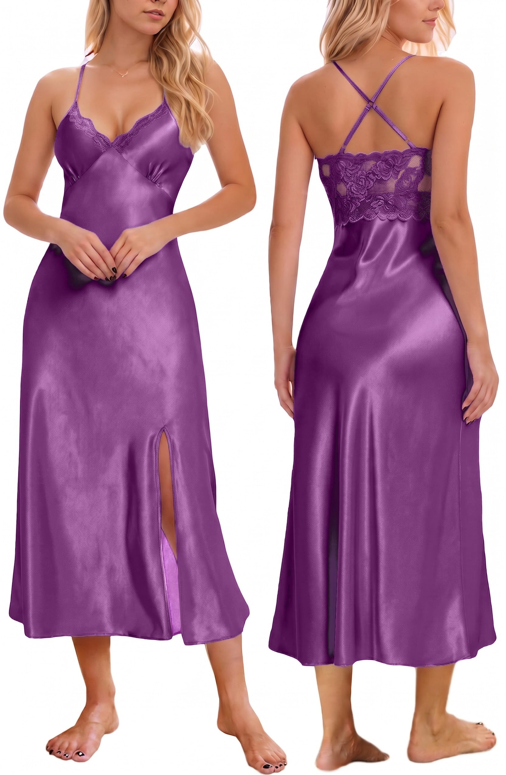 Mist Azur Nightgowns Women Silk Satin Lace Chemise Lingerie Long Sleepdress