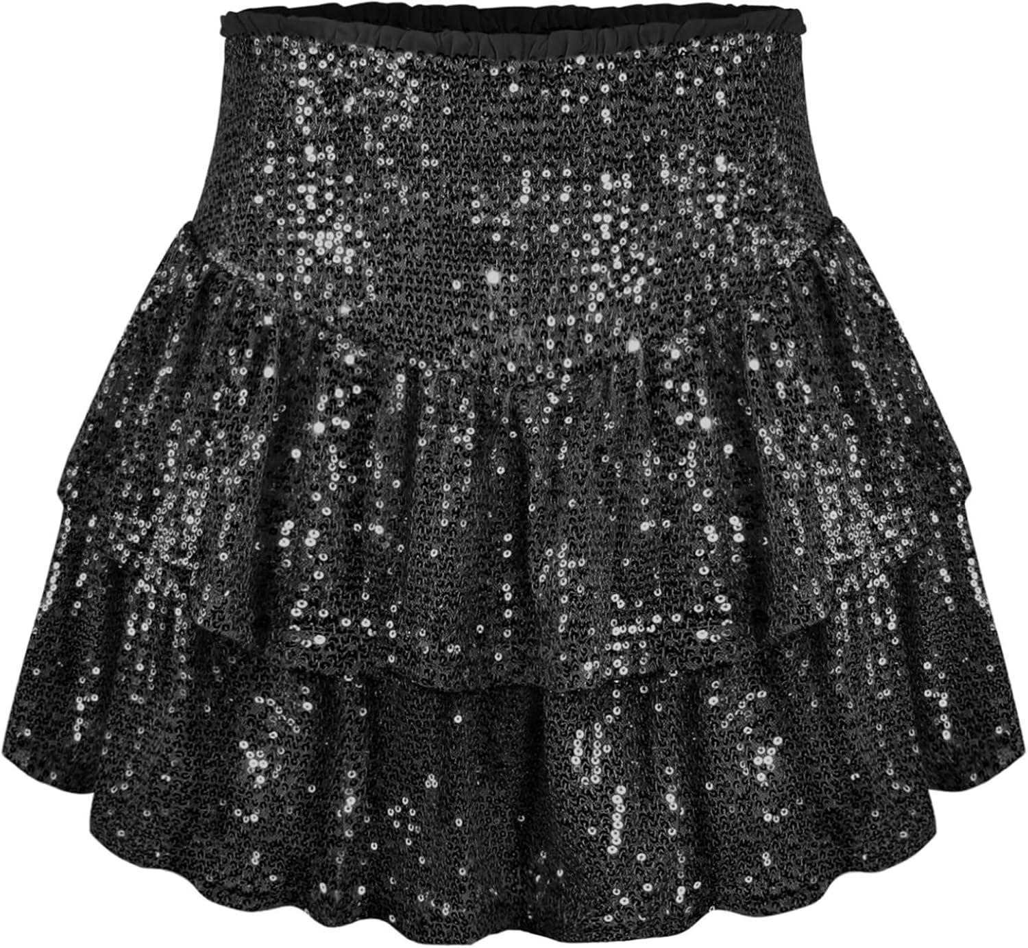 Women Sequin Skirt Sparkly Ruffle High Waist Shiny Glitter Flowy Skirt Layered Pleated Short Skirts for Party Club