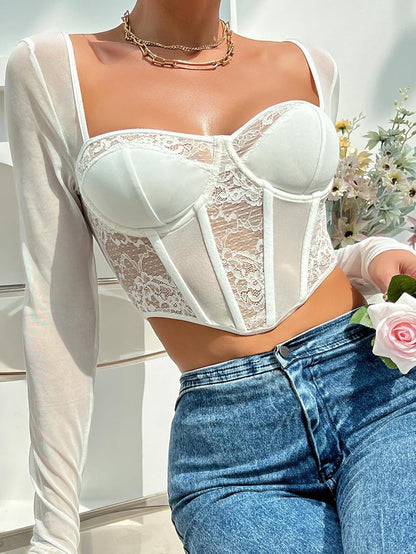 Women Lace Crop Top Sexy Cut Out Slim Fit Y2K Shirts Long Sleeve Sheer Mesh Blouse Going Out Tops 1858