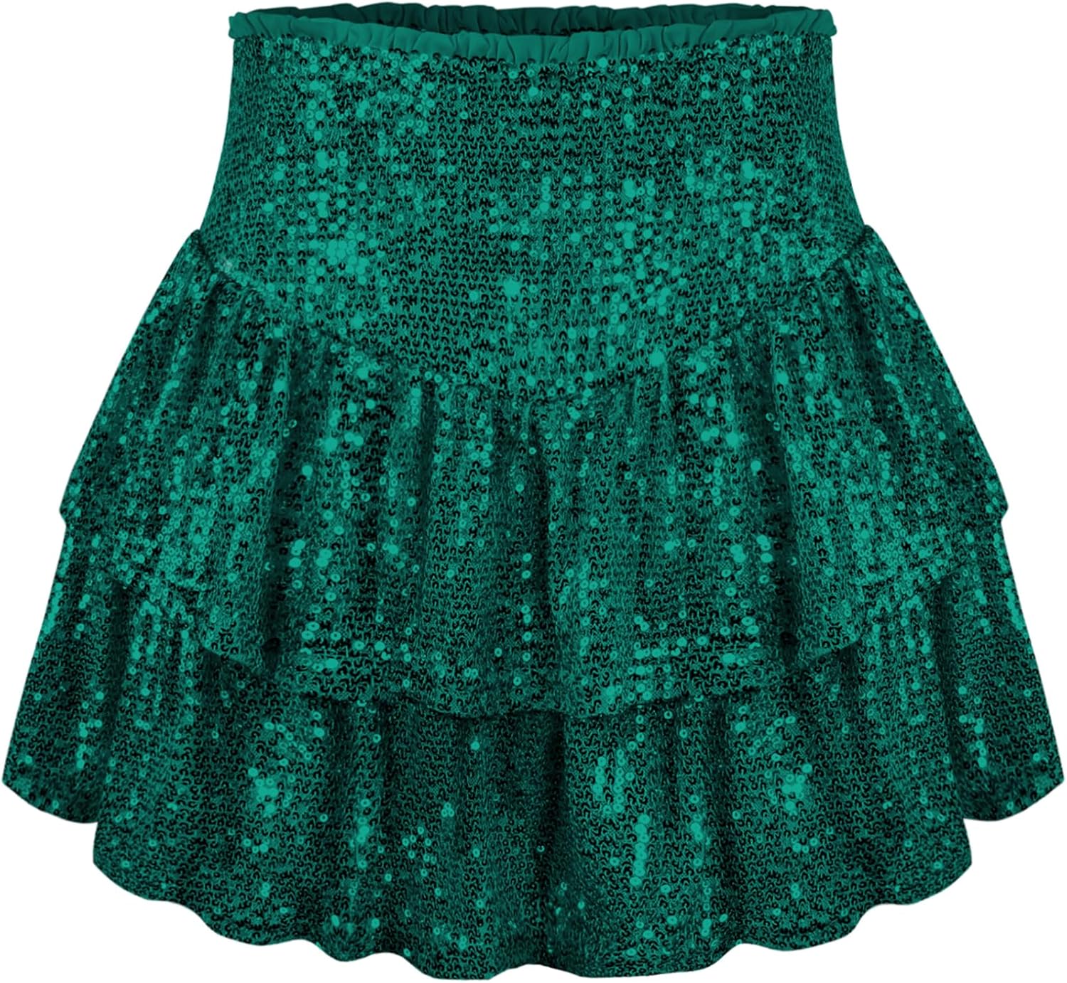 Women Sequin Skirt Sparkly Ruffle High Waist Shiny Glitter Flowy Skirt Layered Pleated Short Skirts for Party Club