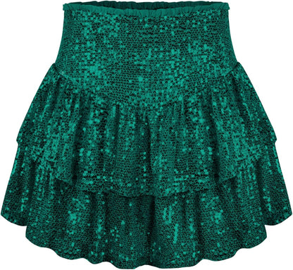 Women Sequin Skirt Sparkly Ruffle High Waist Shiny Glitter Flowy Skirt Layered Pleated Short Skirts for Party Club