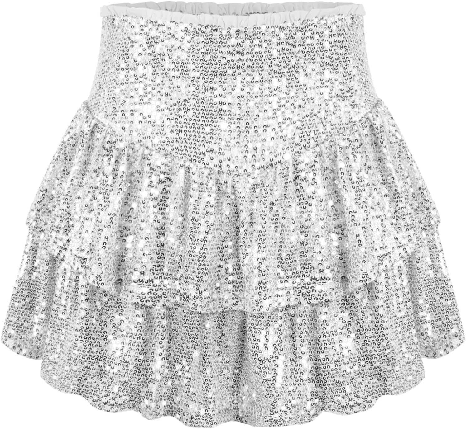 Women Sequin Skirt Sparkly Ruffle High Waist Shiny Glitter Flowy Skirt Layered Pleated Short Skirts for Party Club