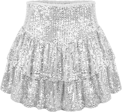 Women Sequin Skirt Sparkly Ruffle High Waist Shiny Glitter Flowy Skirt Layered Pleated Short Skirts for Party Club