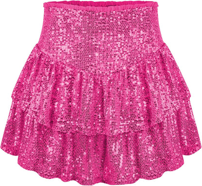 Women Sequin Skirt Sparkly Ruffle High Waist Shiny Glitter Flowy Skirt Layered Pleated Short Skirts for Party Club
