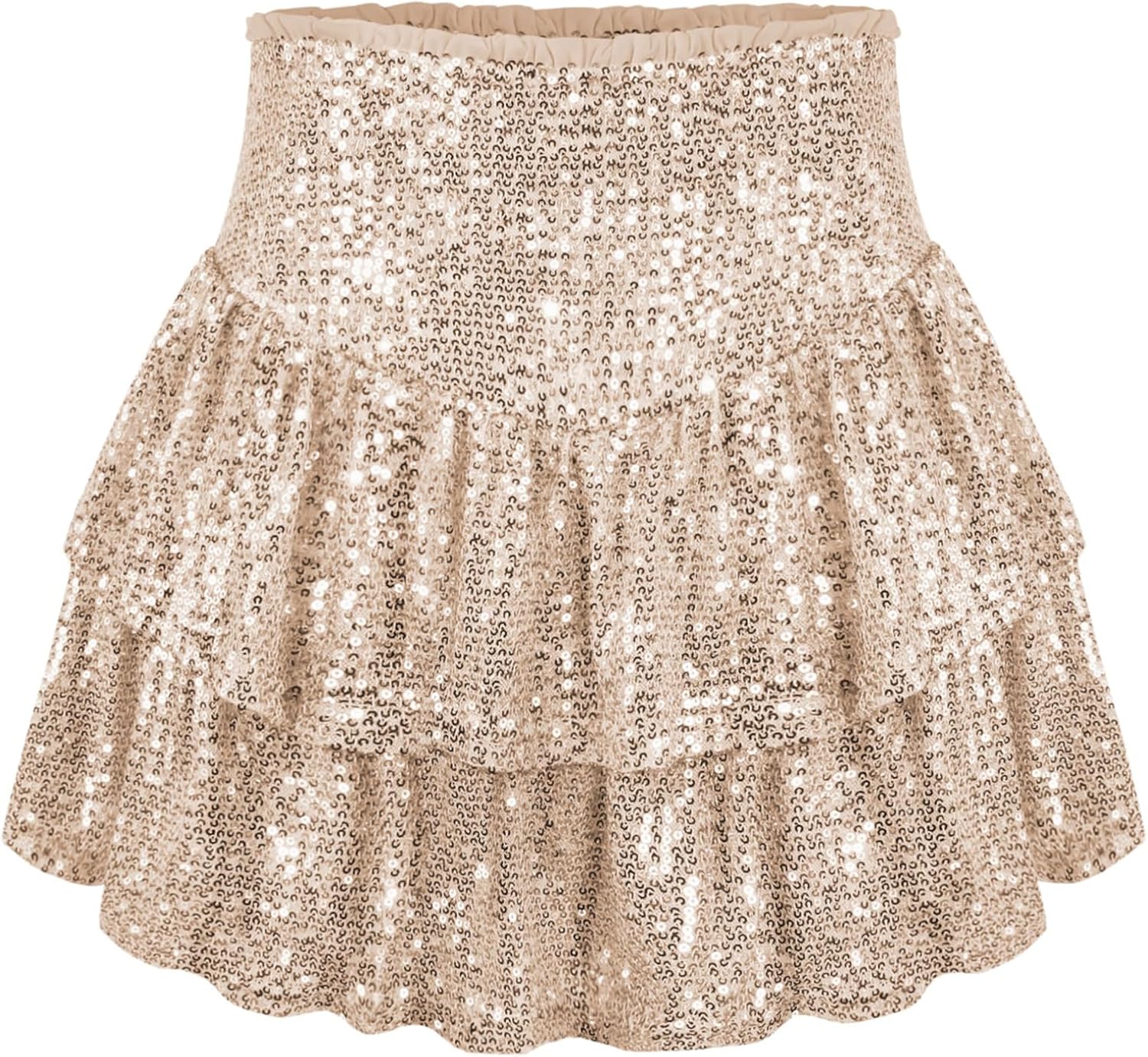 Women Sequin Skirt Sparkly Ruffle High Waist Shiny Glitter Flowy Skirt Layered Pleated Short Skirts for Party Club