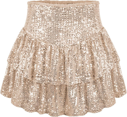 Women Sequin Skirt Sparkly Ruffle High Waist Shiny Glitter Flowy Skirt Layered Pleated Short Skirts for Party Club