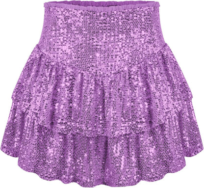 Women Sequin Skirt Sparkly Ruffle High Waist Shiny Glitter Flowy Skirt Layered Pleated Short Skirts for Party Club